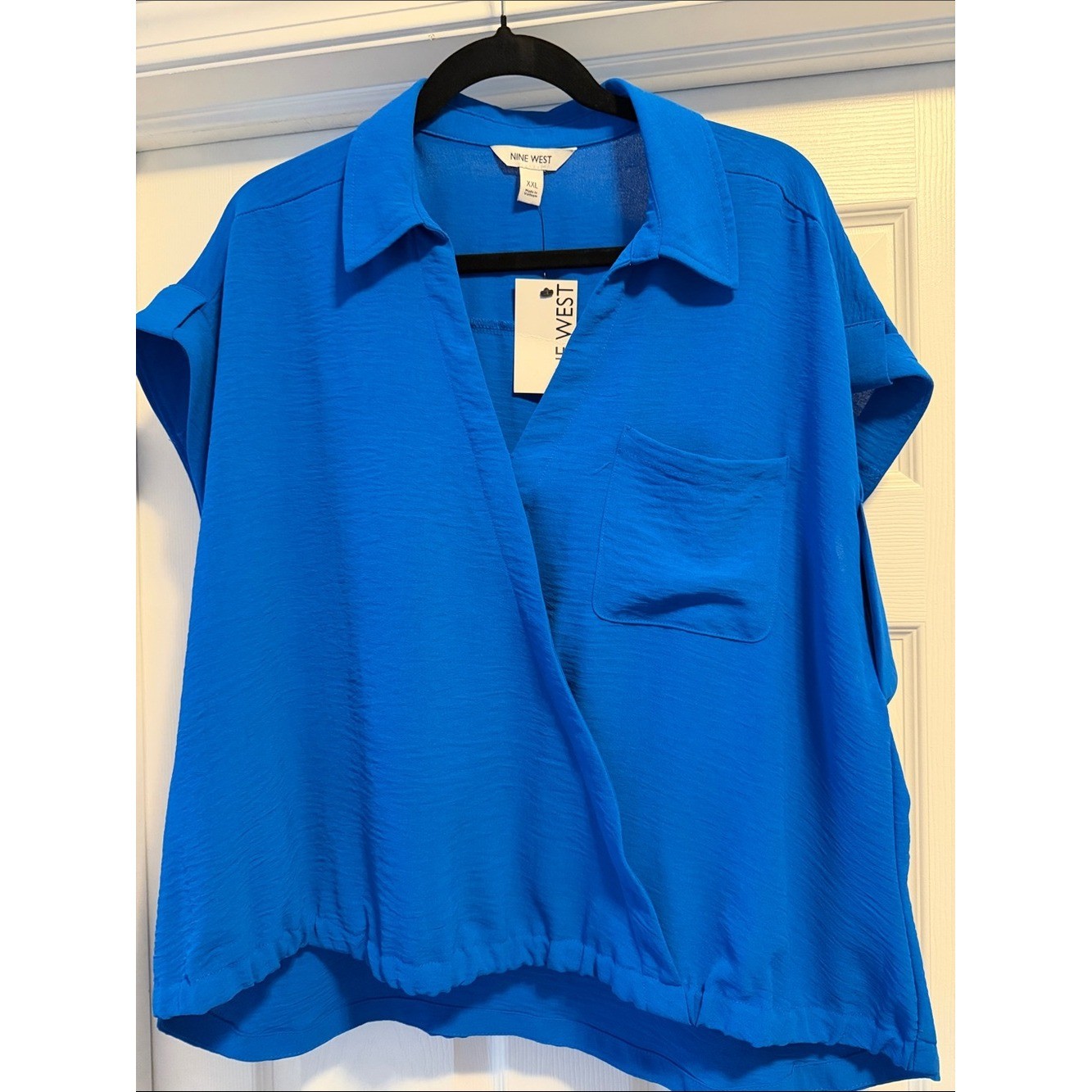 Nine West Royal Blue Short-Sleeve V-Neck Collared Blouse
