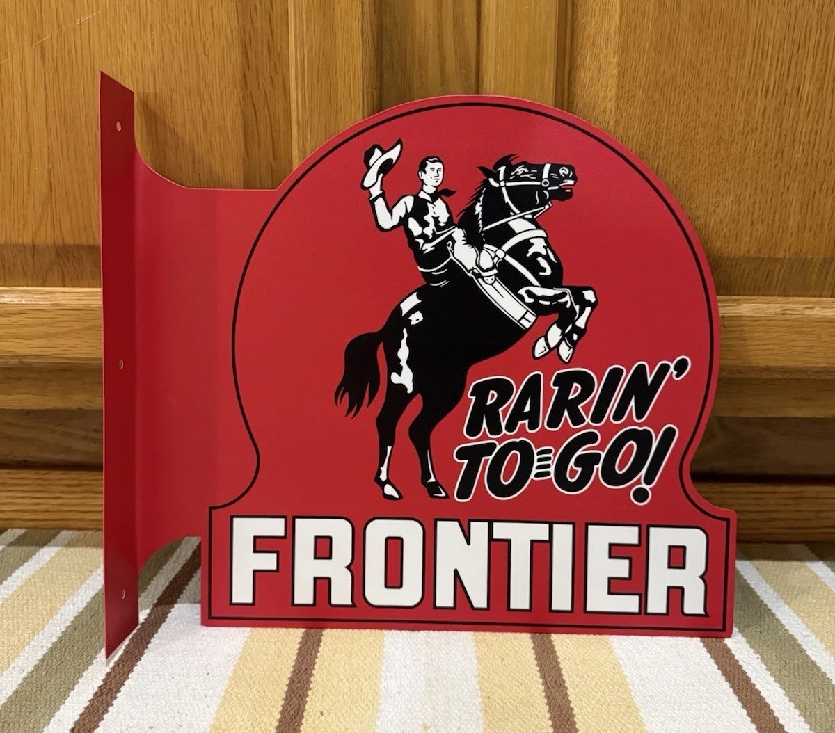 Frontier Gas Oil Flange Sign Horse Rodeo Cowboy 2 Sided Vintage Style Wall Decor
