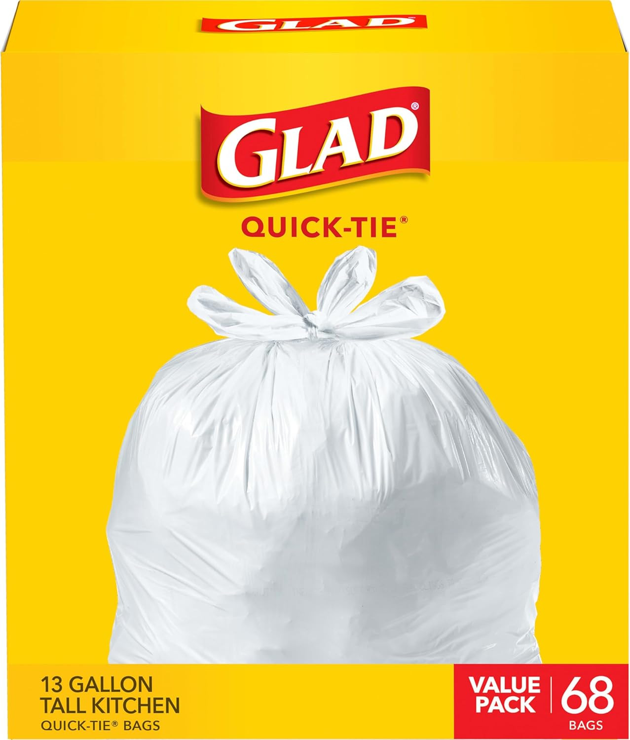 Glad Tall Kitchen Trash Bags 13 Gallon, Unscented Garbage Bags, Quick-Tie, 68 Co