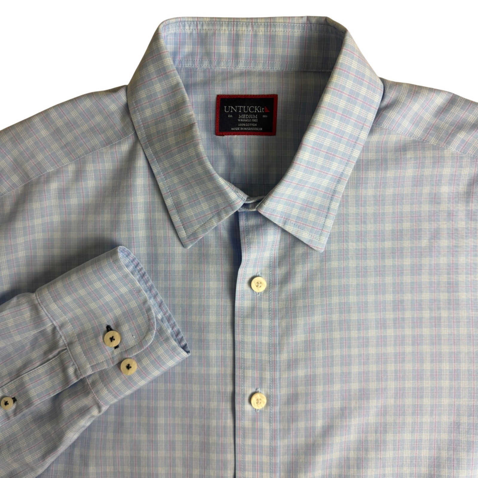 UNTUCKit Collalto WF Button Down Mens Medium Light Blue Plaid Wrinkle Free 41439