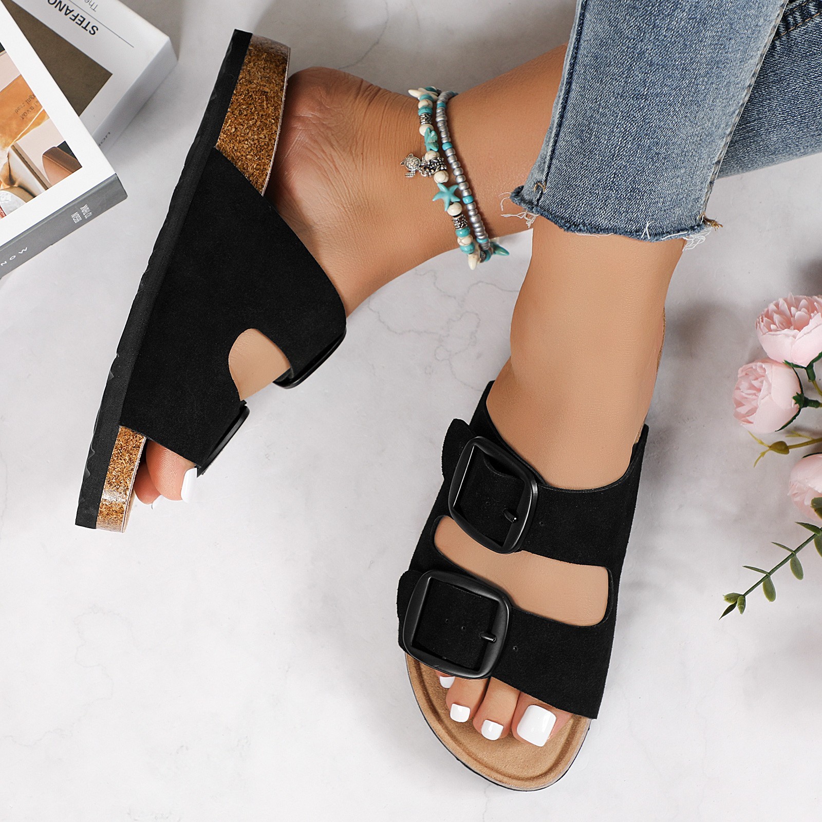 Lurnyet Women's Faux Suede Cork Buckle Cork Footbed Sandals Lurnyet Women's Faux Suede Cork Buckle Cork Footbed Sandals
