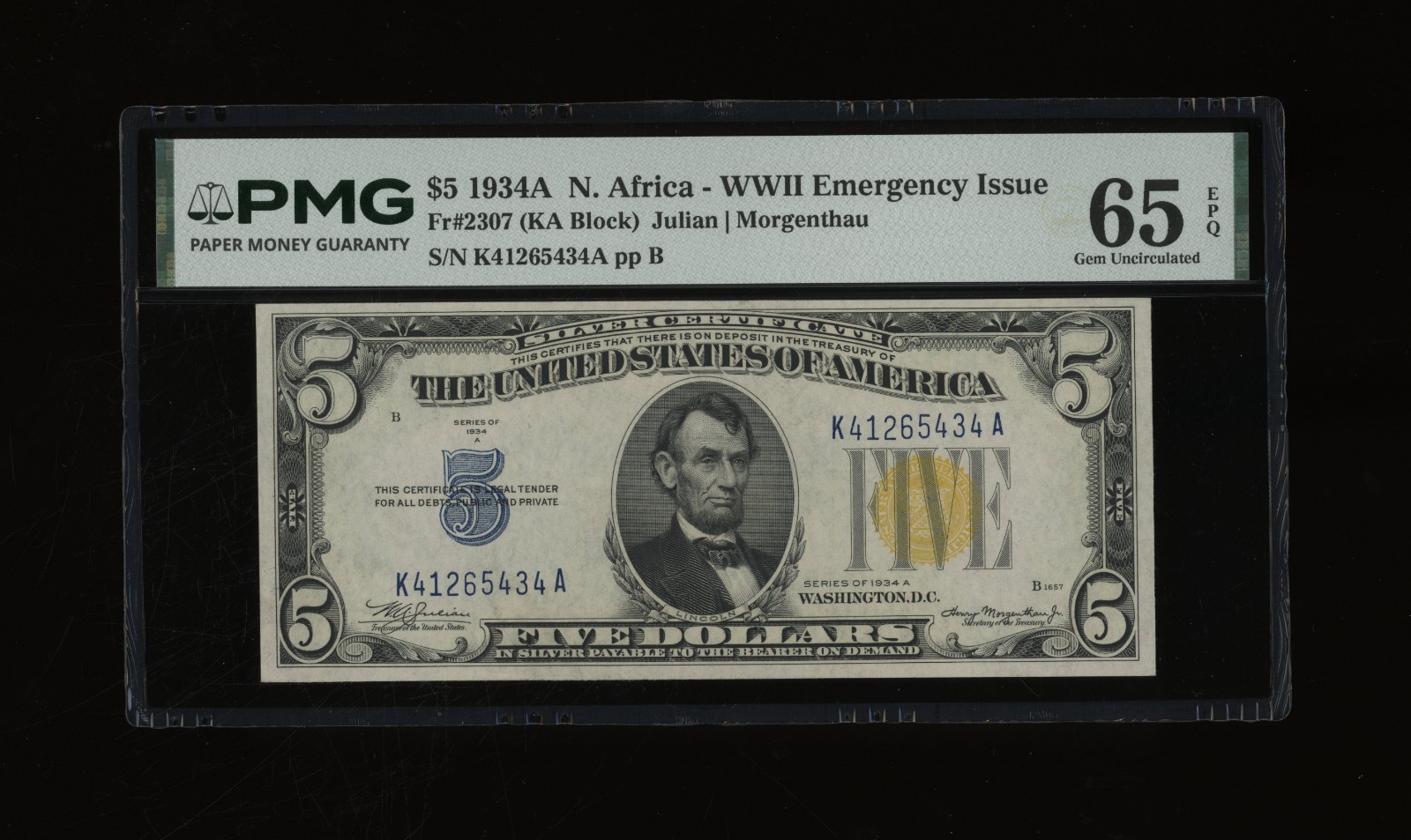 DBR 1934-A $5 North Africa Gem Fr. 2307 KA Block PMG 65 EPQ Serial K41265434A DBR 1934-A $5 North Africa Gem Fr. 2307 KA Block PMG 65 EPQ Serial K41265434A