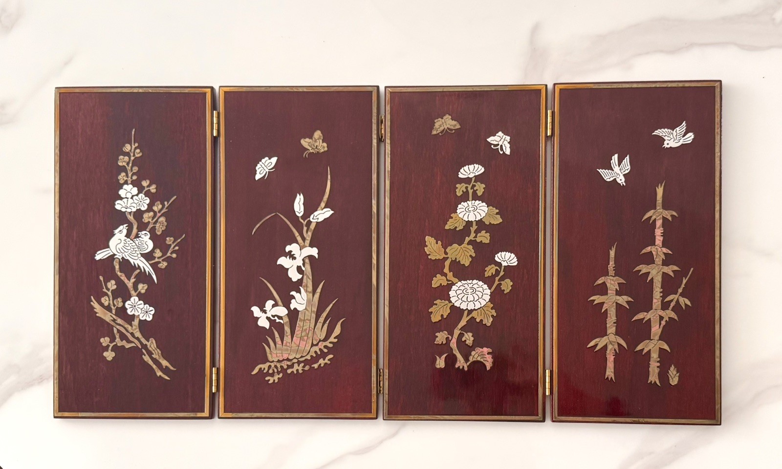 Vtg has Tabletop Folding Screen Metal Inlay Bird Flower 5.5x11.75” Panels