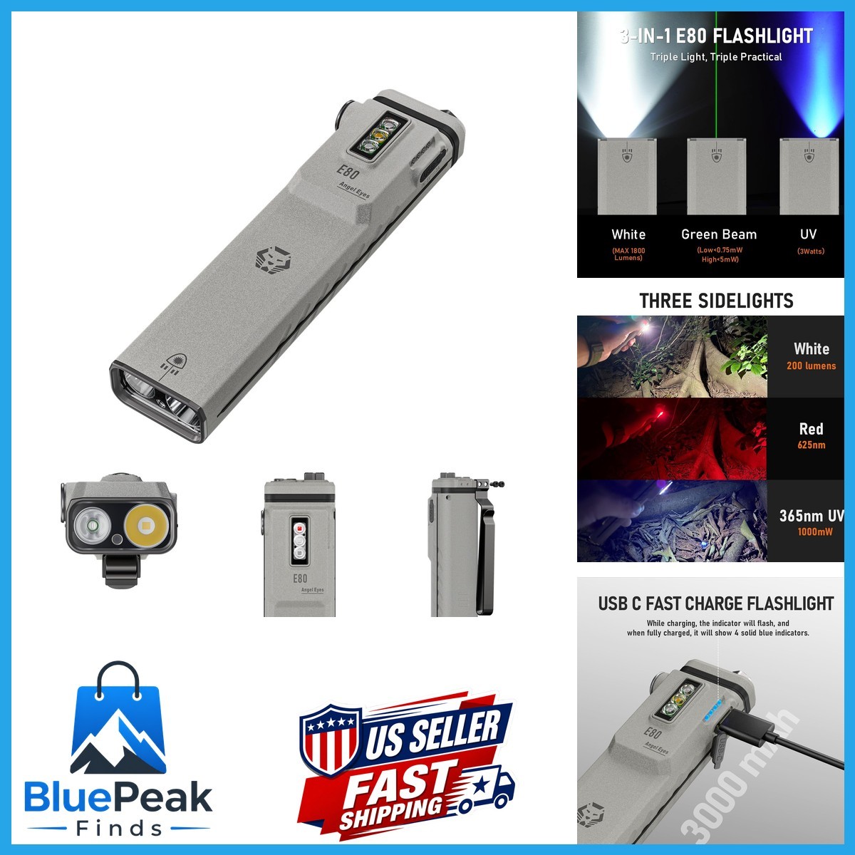 RovyVon E80 3-in-1 Flat EDC Flashlight - White & UV Light & Green Beam Combo
