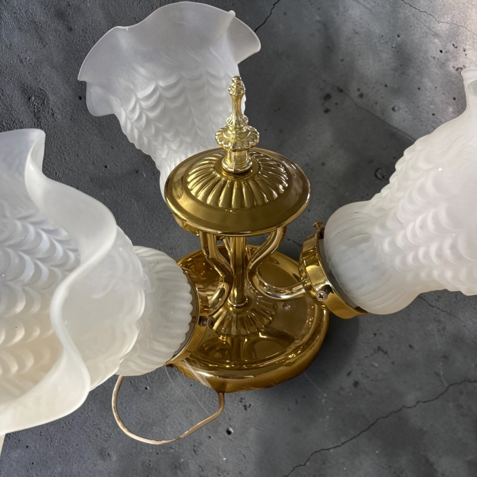 Pair Vintage Brass 3 Light Ceiling Fixtures Frosted Ruffled Floral Glass Shades