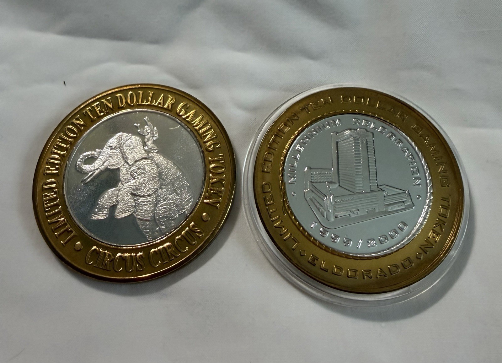 2 CIRCUS CIRCUS Eldorado CASINO RENO NEVADA $10 ELEPHANT 999 SILVER STRIKE Token 2 CIRCUS CIRCUS Eldorado CASINO RENO NEVADA $10 ELEPHANT 999 SILVER STRIKE Token