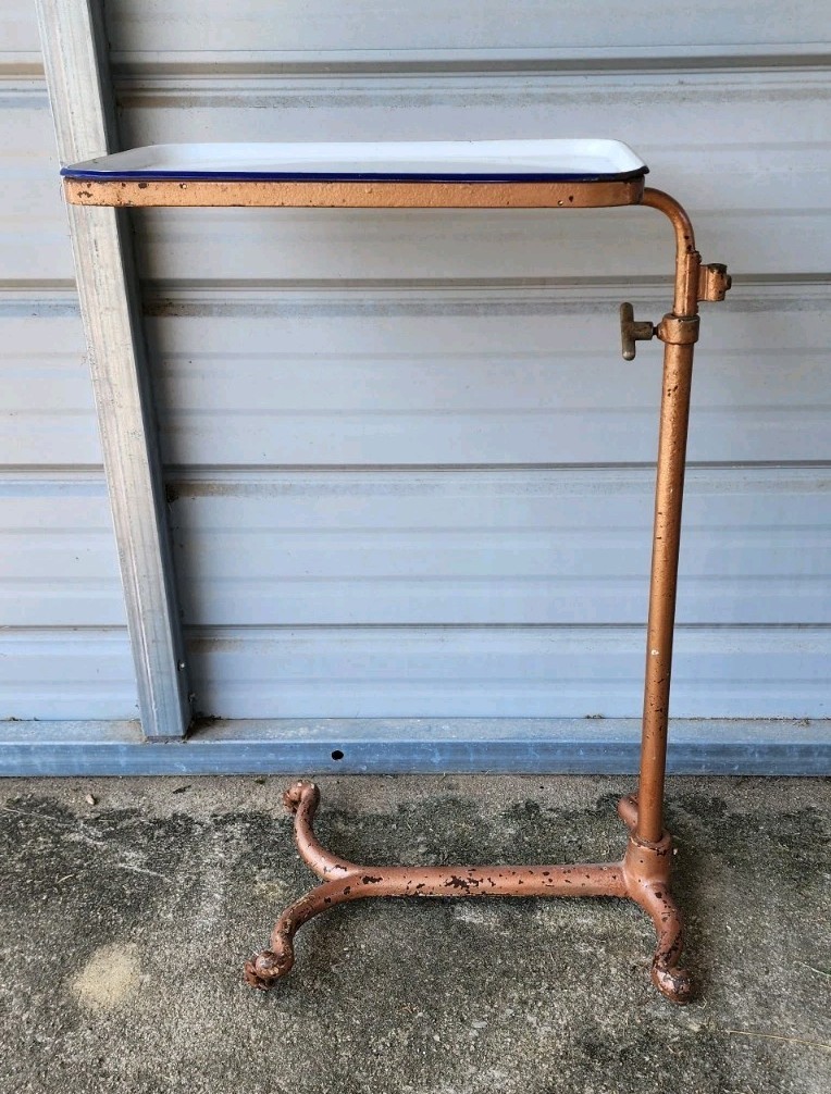 Antique Industrial Hospital Bed Tray Cast Iron Base Enamel Tray Used Adjustable 
