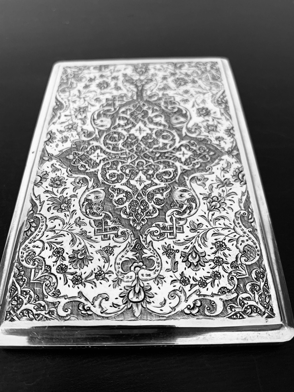 antique hand engraved solid silver persian islamic cigarette case 160g antique hand engraved solid silver persian islamic cigarette case 160g