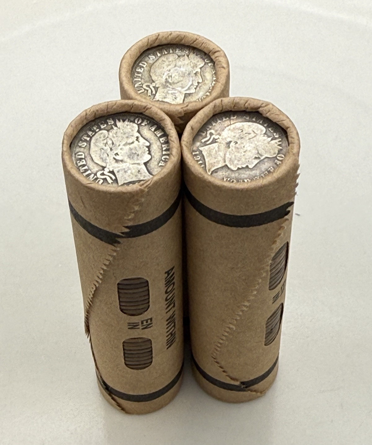 SILVER BARBER DIME showing on vintage unsearched old wheat penny window roll us