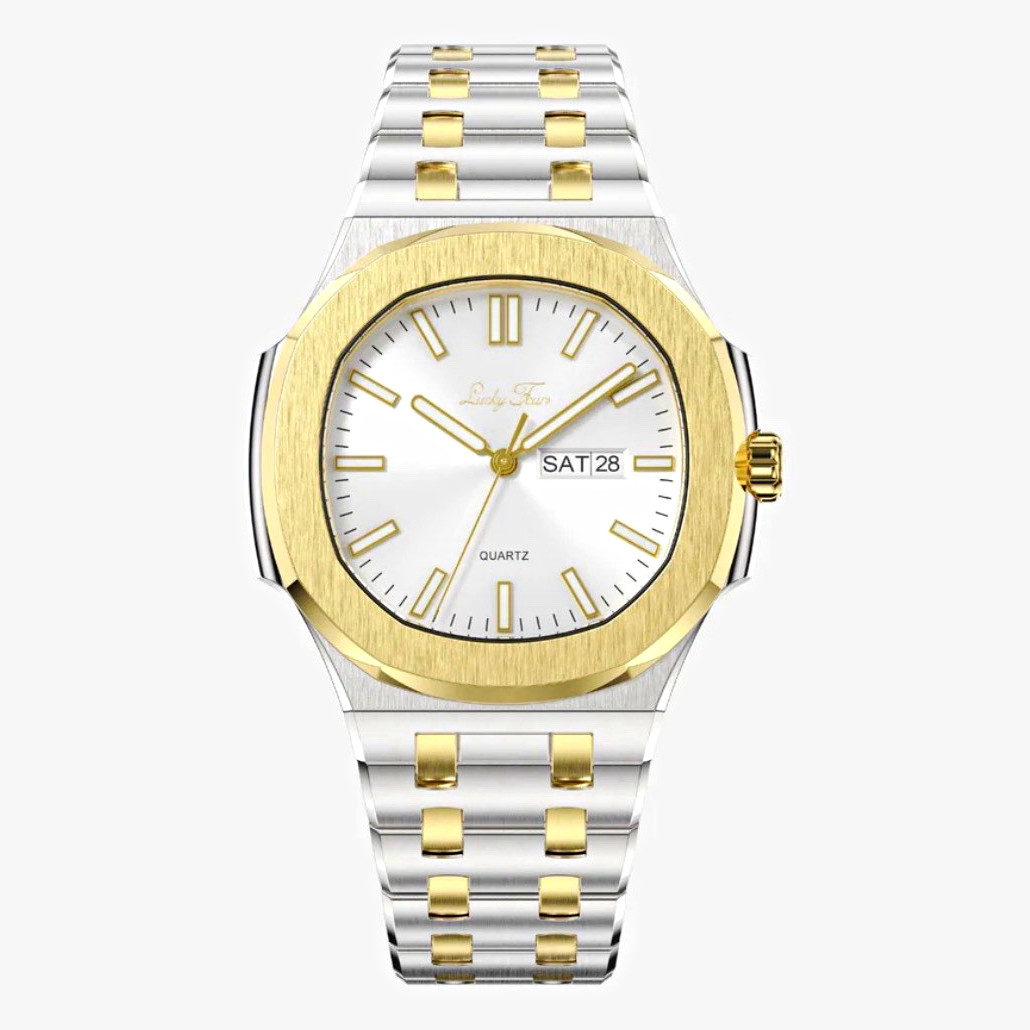 Lucky Four Quartz Cushion Watch Two-Tone Metal Bracelet Day/Date Silver Dial Lucky Four Quartz Cushion Watch Two-Tone Metal Bracelet Day/Date Silver Dial