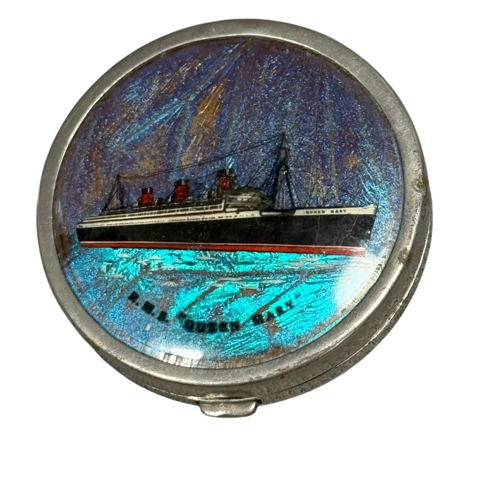 Vintage RMS Queen Mary British Made Butterfly Wing Metal Powder Compact Ship