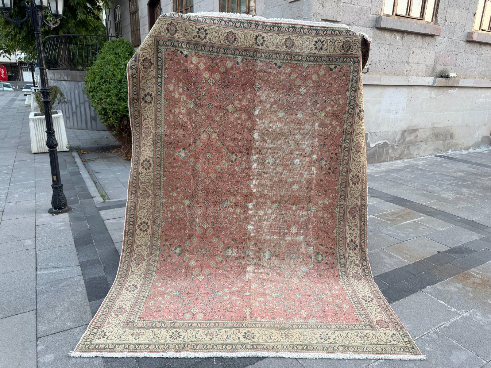 Vintage Kayseri Rug 6.4x9.2 Ft Handwoven Turkish Wool Dusty Rose Floral