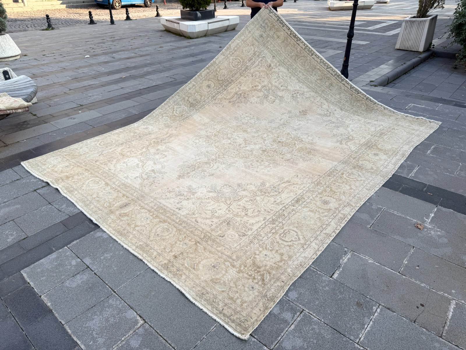 Vintage Turkish Oushak Rug 9.5x12.6 ft Ivory Beige Wool Large Area Carpet