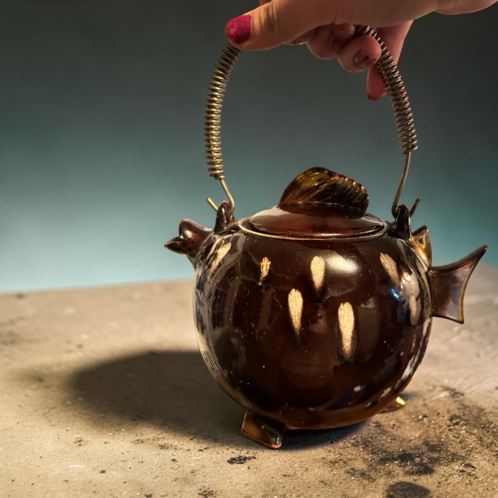 Vintage Tilso Footed Fish Tea Pot Spiral Wire Handle Redware