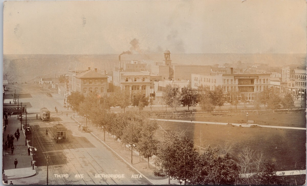 Lethbridge Alberta Third Avenue Streetcar Tram Lethbridge Hotel RP Postcard H49