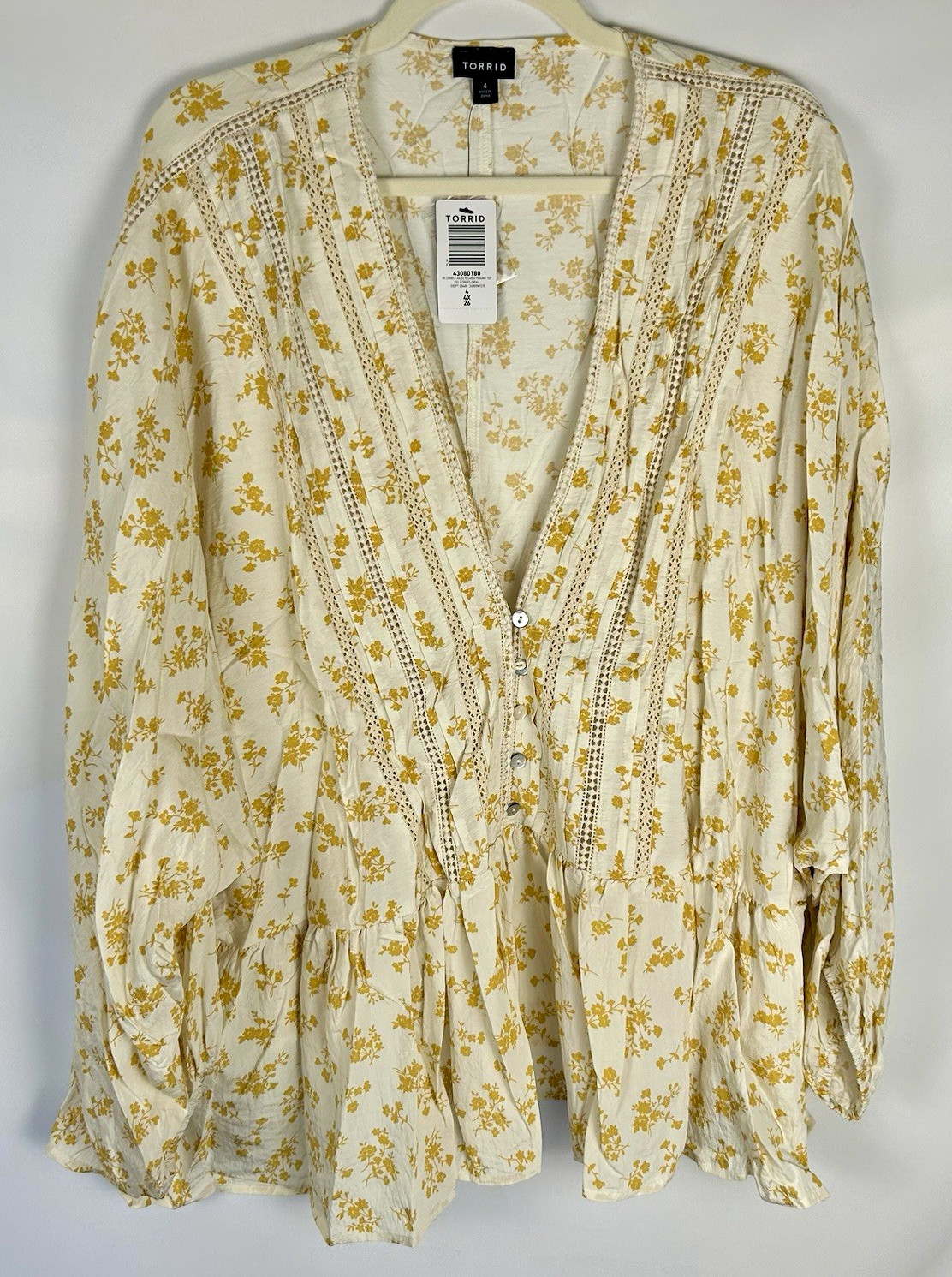 Torrid Relaxed Peasant Top Yellow Floral Lace V-Neck Button Long Sleeve Size 4X