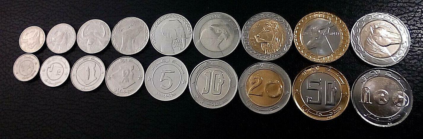 Algeria Set 9 coins 1/4 1/2 1 2 5 10 20 50 100 Dinars,1992 to 2019, BIMETAL, UNC
