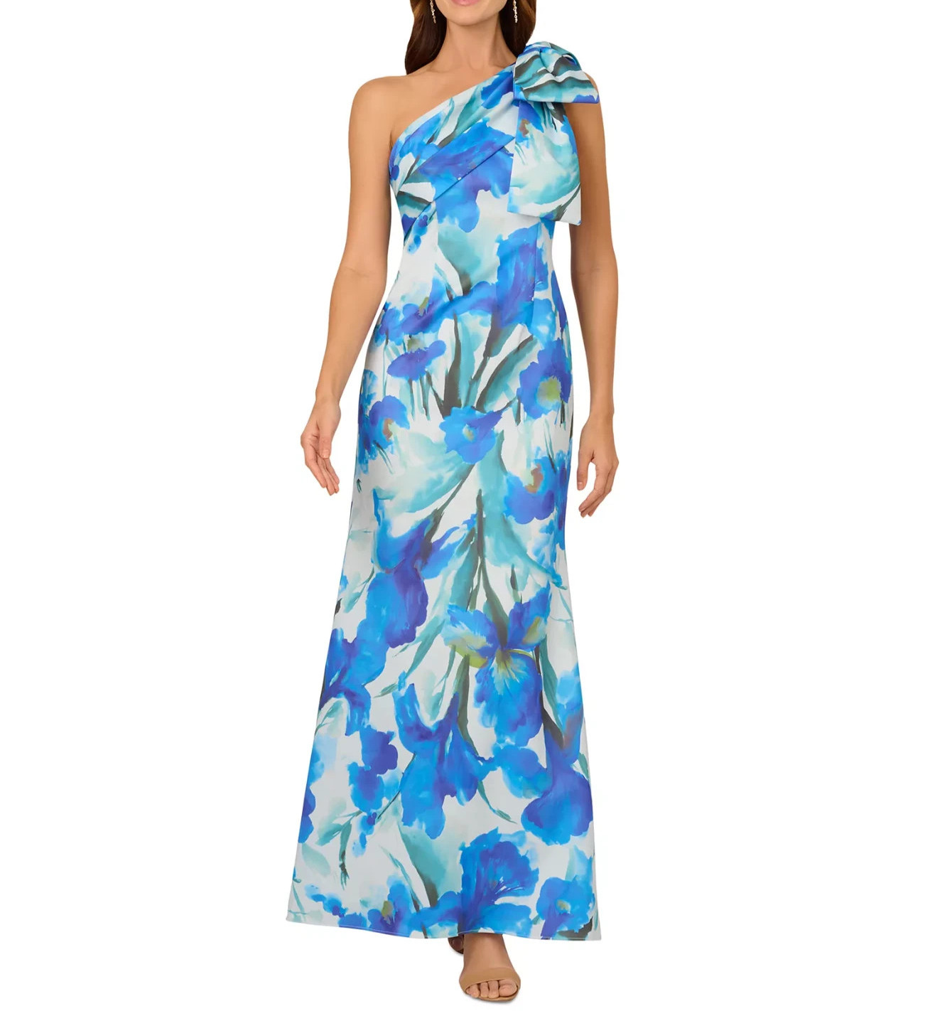 Adrianna Papell Women\'s Floral-Print Bow One-Shoulder Gown MSRP $229