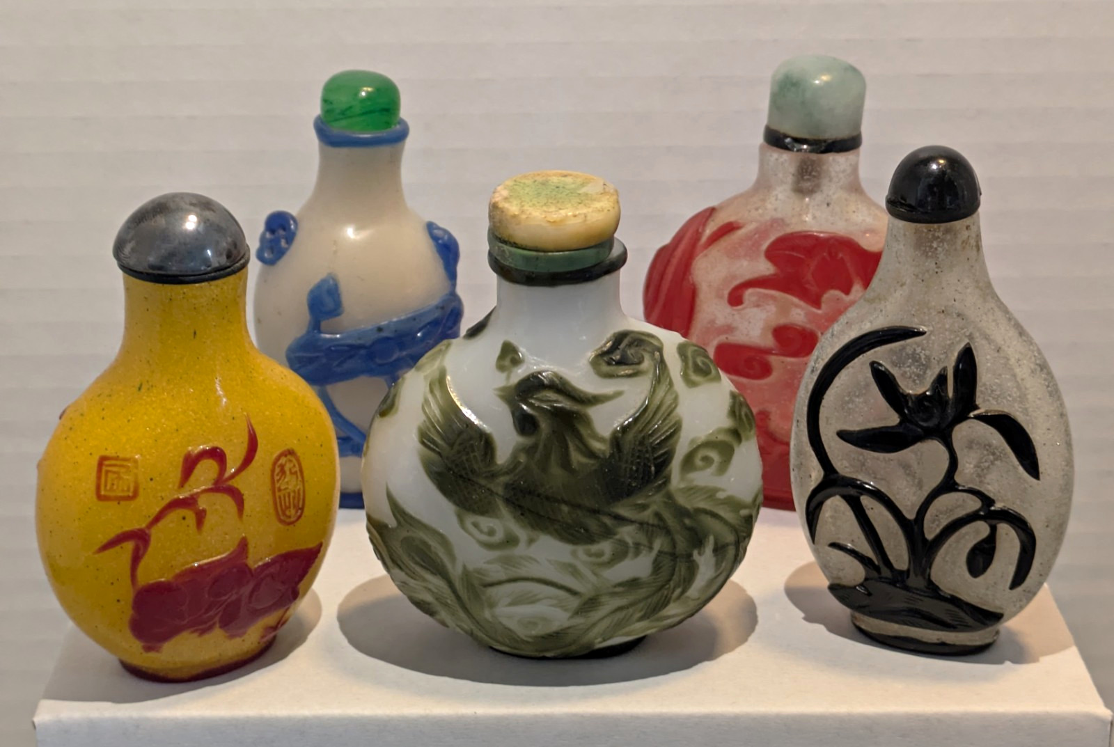 Vintage Chinese Peking Glass Snuff Bottle Collection Lot 5 Cameo Overlay Signed