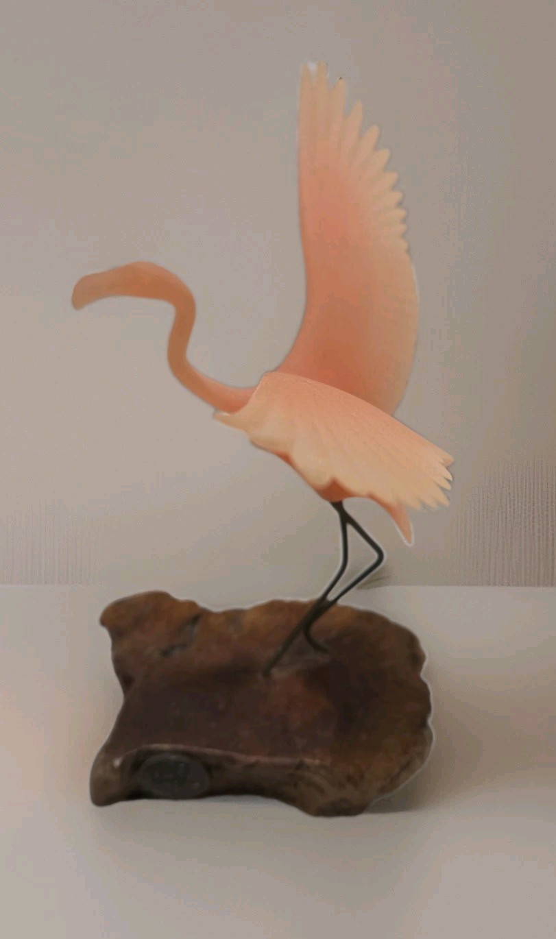 John Perry Vintage Pink Flamingo Sculpture Burl Wood Base Art John Perry Vintage Pink Flamingo Sculpture Burl Wood Base Art