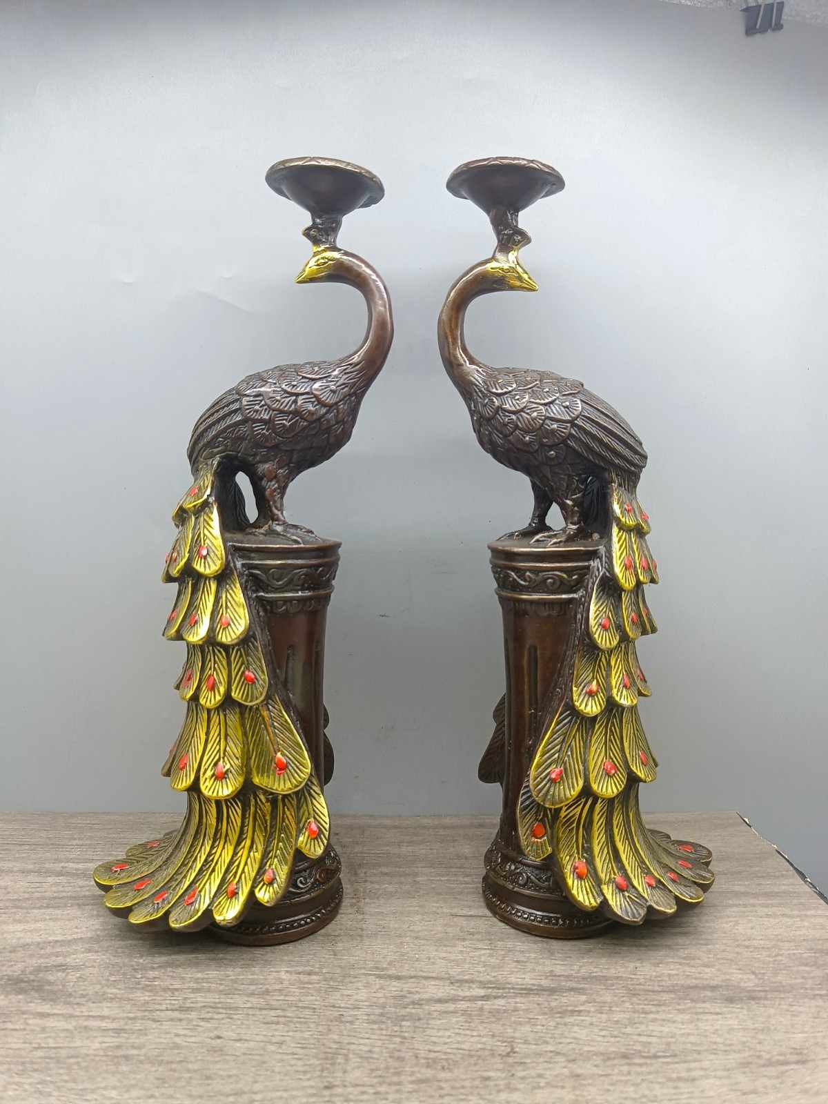 Chinese A pair of exquisite antique collection copper peacock candle holders Chinese A pair of exquisite antique collection copper peacock candle holders