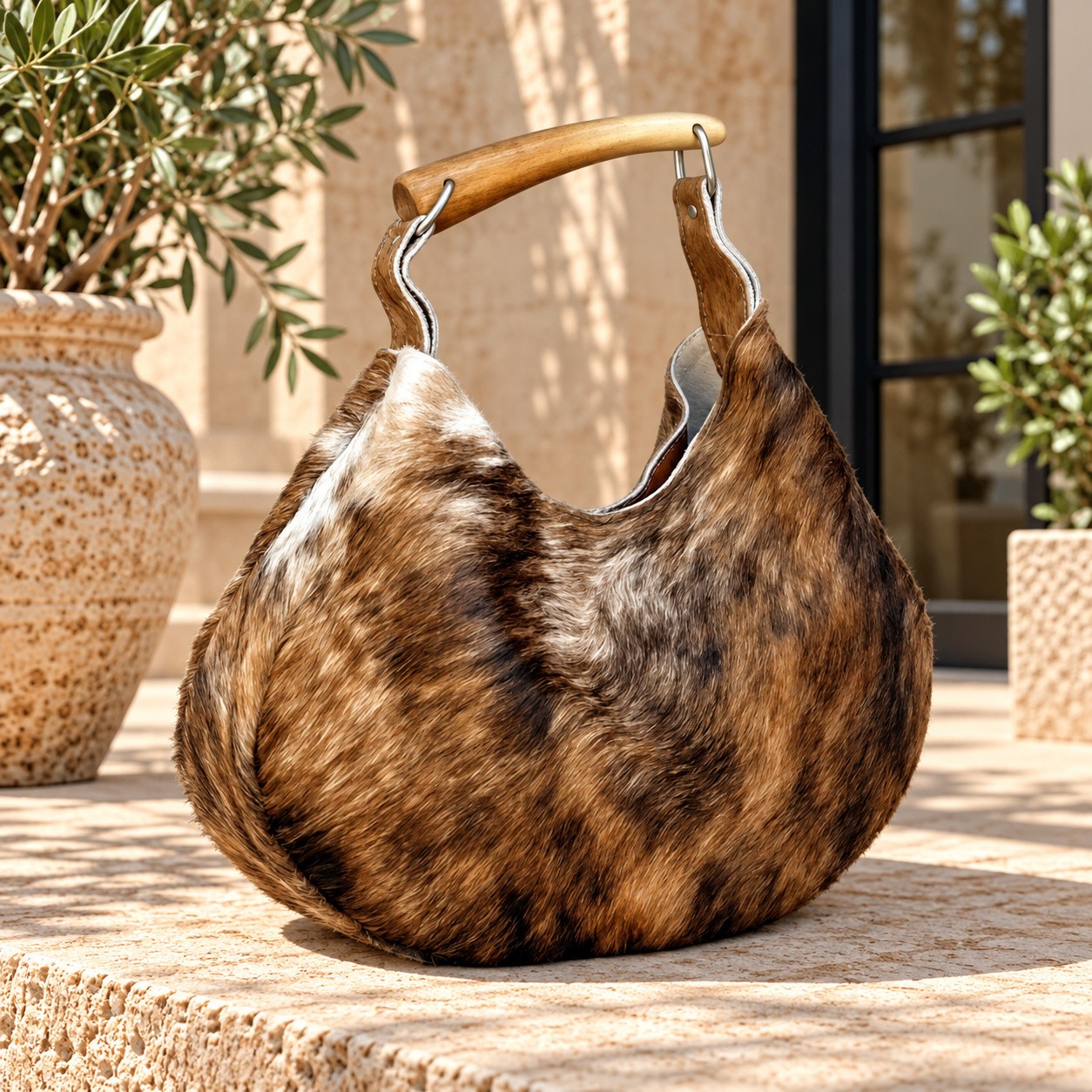 Brindle Cowhide Hobo Bag, Genuine Hair on Hide Purse, Wooden Handle Leather Bag