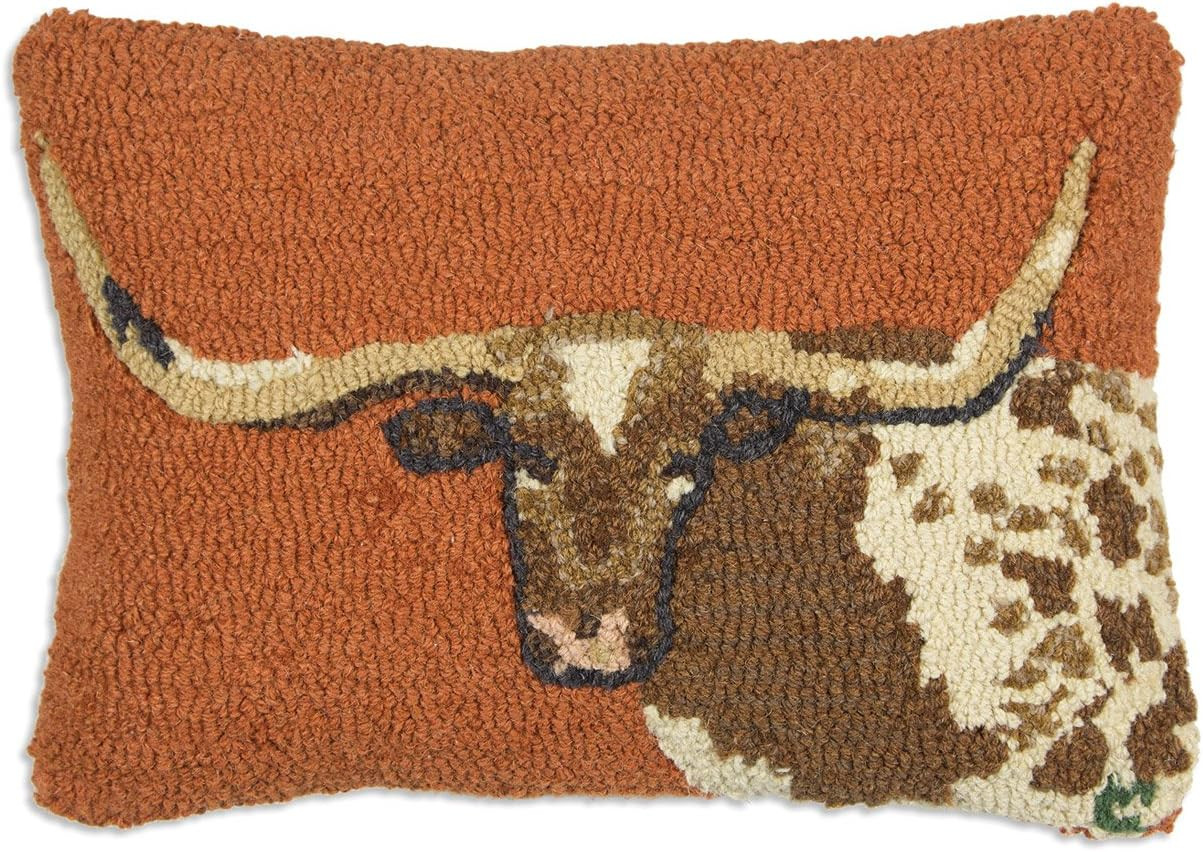 Artist-Designed Longhorn Steer Hand-Hooked Wool Decorative Throw Pillow (14 in X