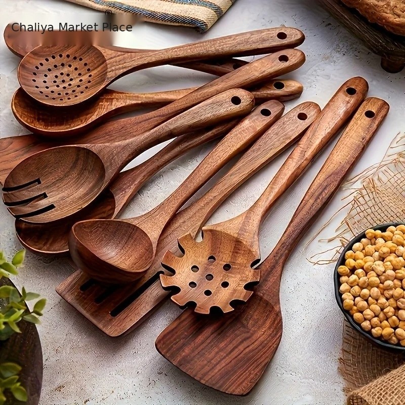10 Pcs Wooden Cooking Utensils Set Kitchen Spoons Spatula Stir Fry Tools