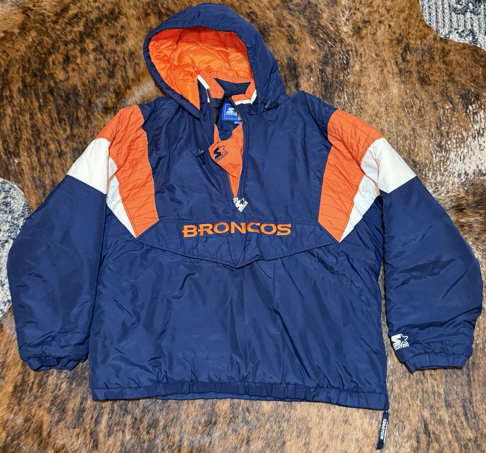 Vintage 90s Starter Jacket Denver Broncos NFL kangaroo pocket 1/2 Zip Hooded XL Vintage 90s Starter Jacket Denver Broncos NFL kangaroo pocket 1/2 Zip Hooded XL
