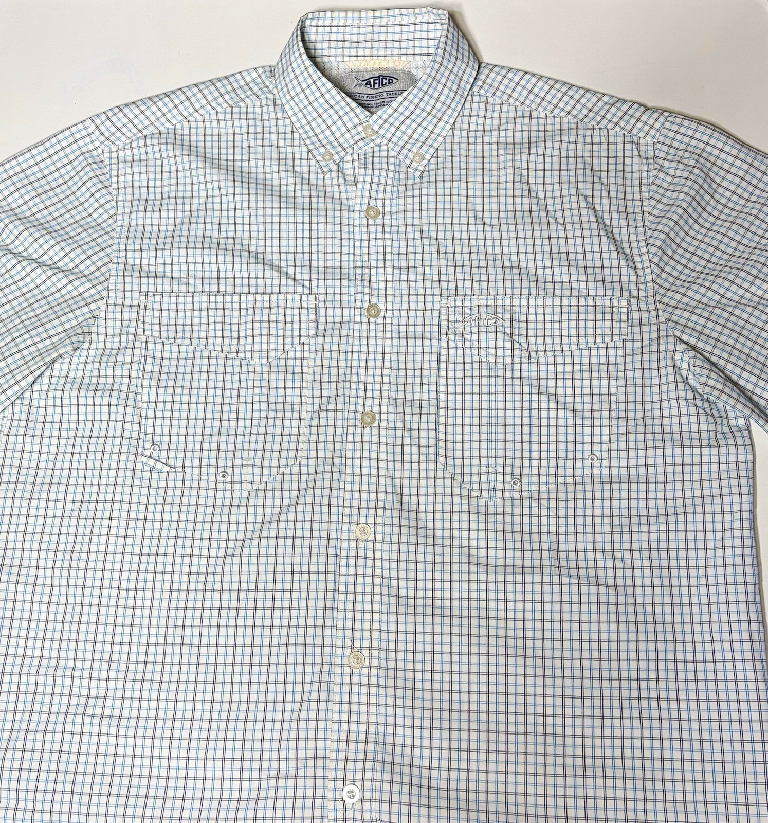AFTCO AFTECH Fishing Shirt Mens M White Blue Plaid Long Sleeve Vented