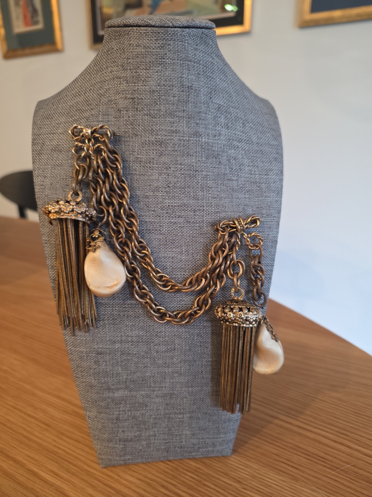 Vintage Adele Simpson Chatelaine Pin w Large Faux Pearls & Tassels Signed Vintage Adele Simpson Chatelaine Pin w Large Faux Pearls & Tassels Signed
