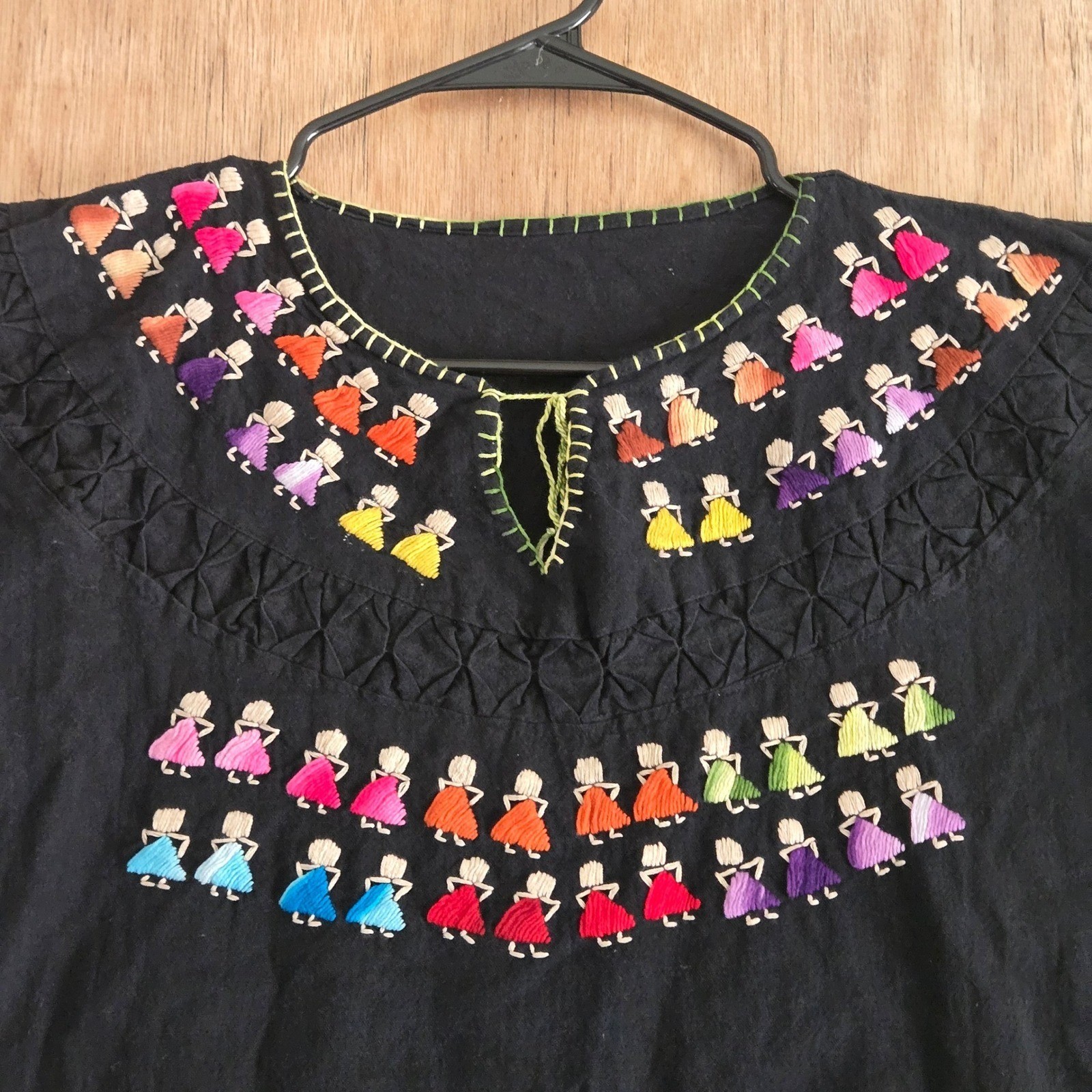 Handmade Mexican Folk Art Embroidered Doll Blouse Black Colorful Boho Top Large