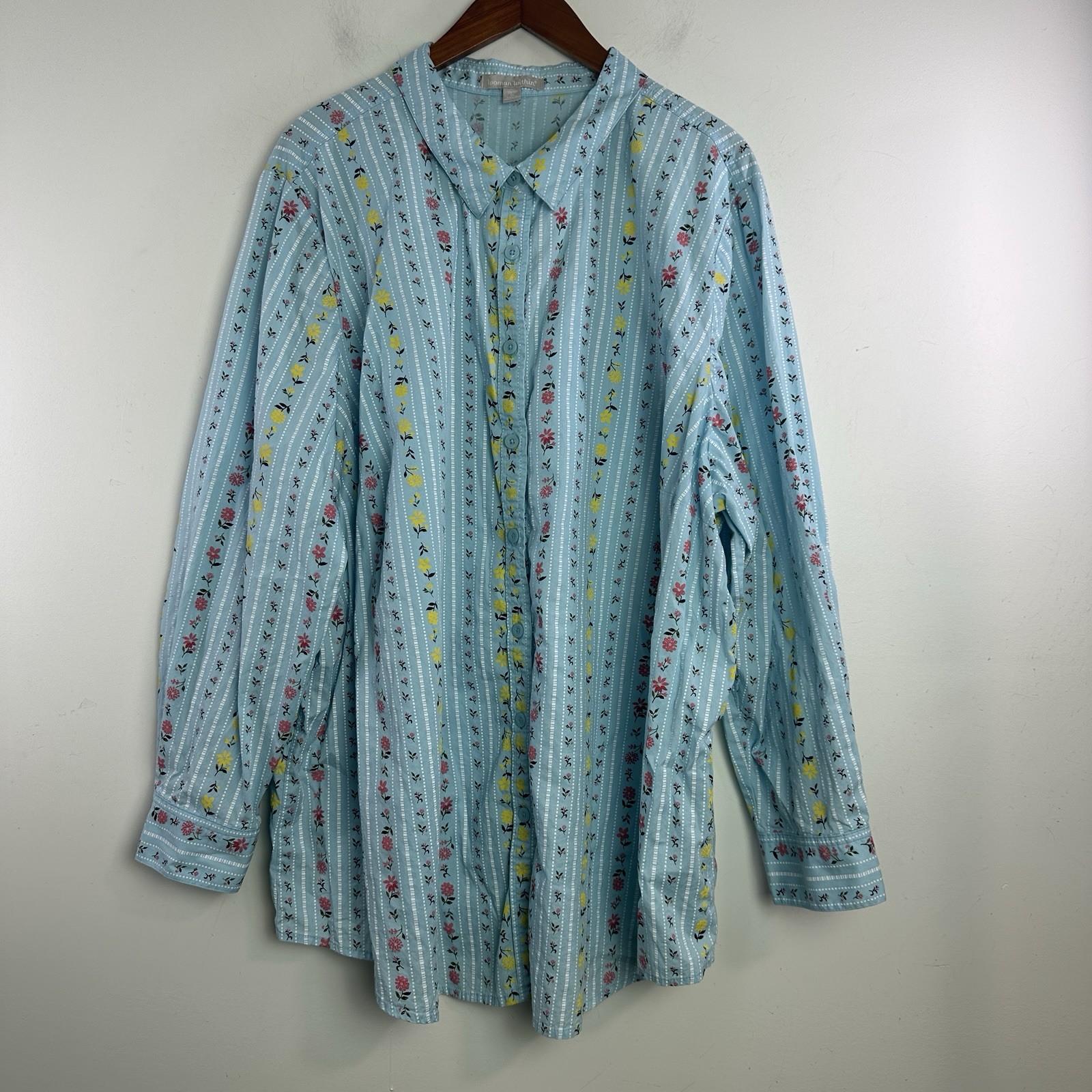 Woman Within  Plus Size 3X 30/32 Blue Floral button down Cotton long sleeve