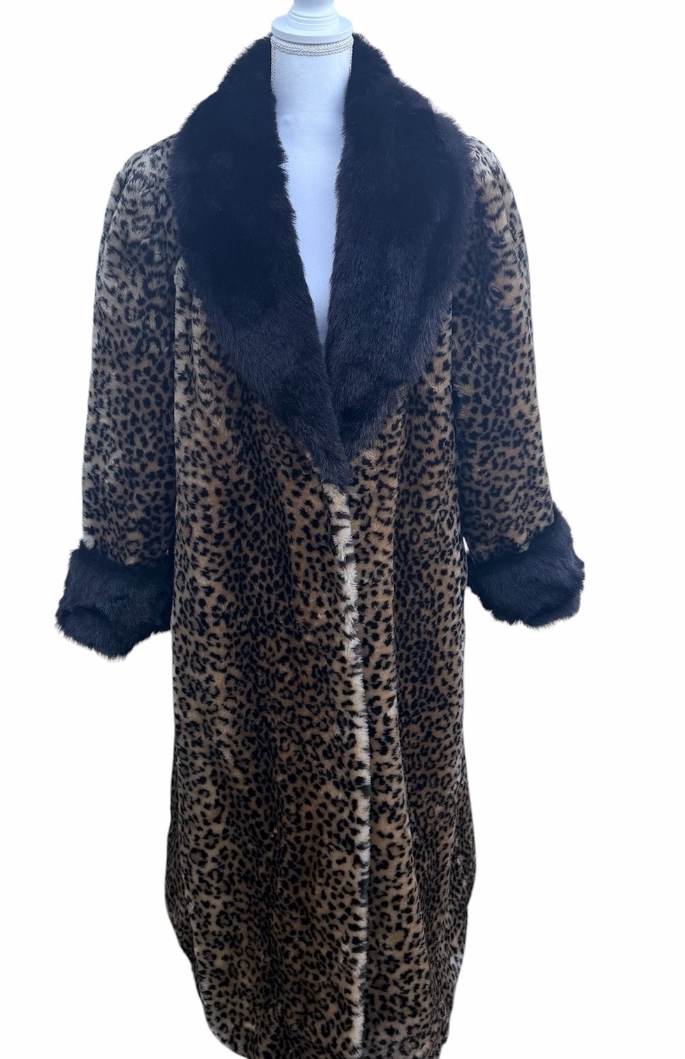 Vintage Boulevard East Leopard Print Faux Fur Maxi Coat 1X Black Collar Cuffs 