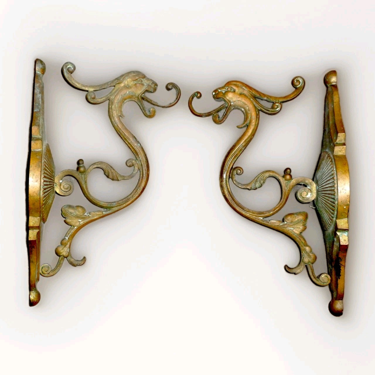 Pair of Rare Antique French Bronze/Brass Supports Sconces Dragon Griffon Chimera