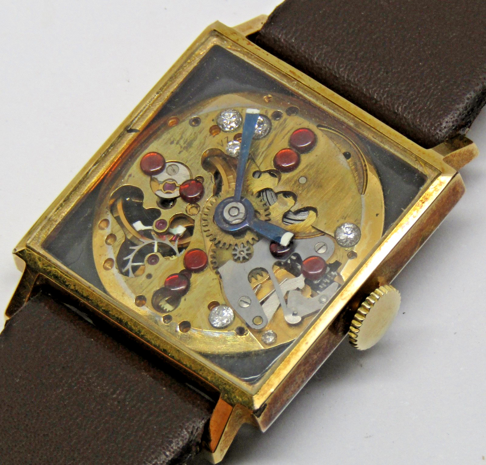 Vintage Skeletonized windup watch with rubies and diamonds, unique - 1960\'s