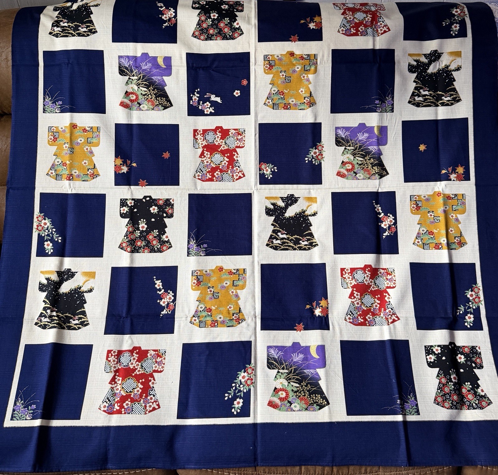 Vintage Japanese Kimono Textile Tablecloth Navy Blue Floral Japan Woven Label