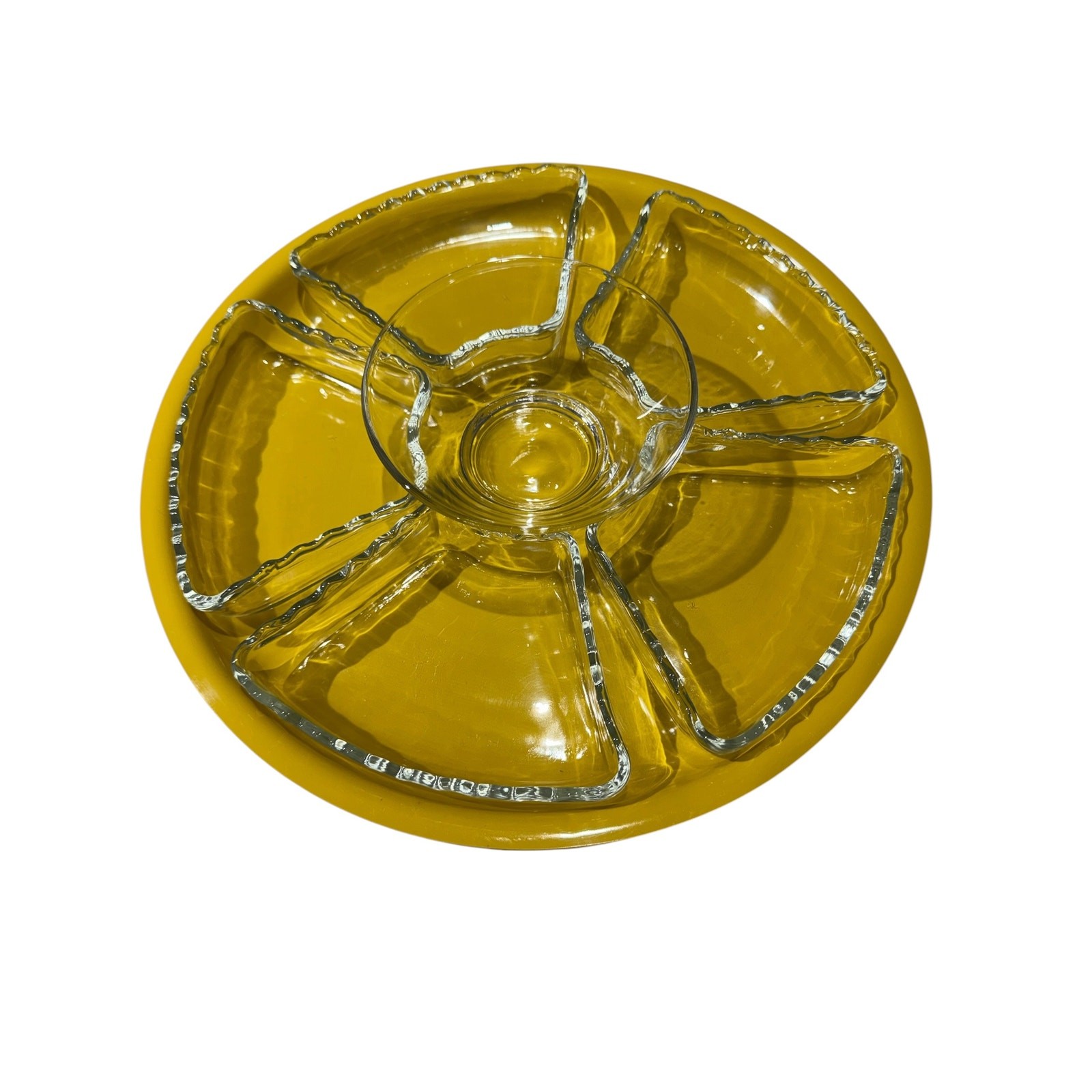 Vintage Mid Century Modern Rotating Yellow Lazy Susan Glass Chip Dip Serving Set