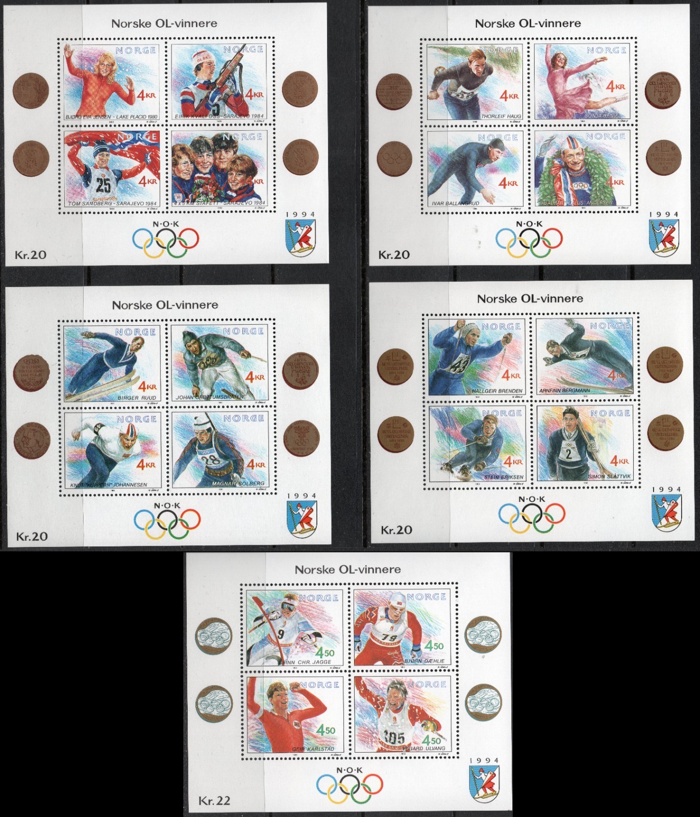 505 Norway 1989-93, BL 11-18 MNH, Olympic Winners I-V, MI BL 12-19, SC #946. 505 Norway 1989-93, BL 11-18 MNH, Olympic Winners I-V, MI BL 12-19, SC #946.