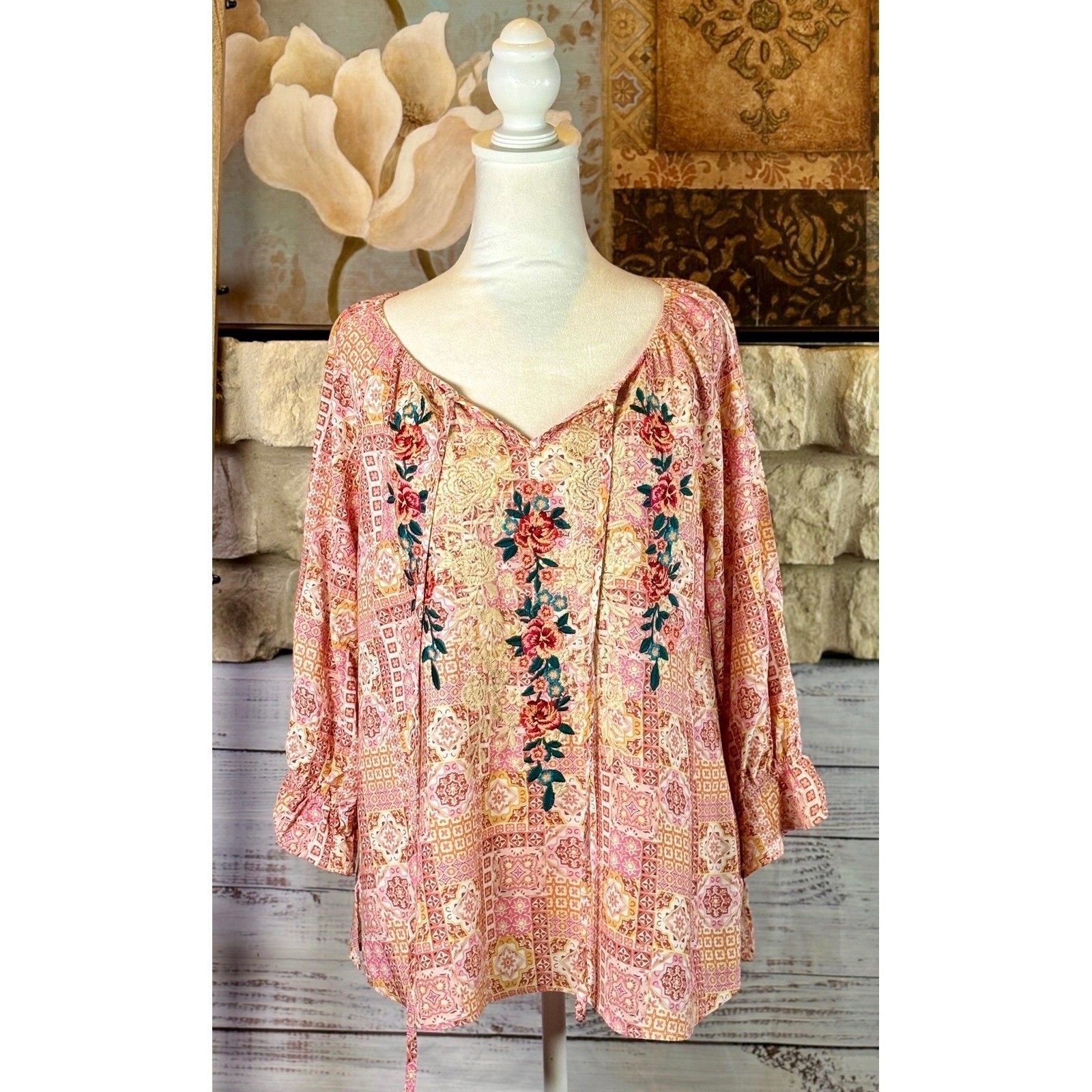 Savanna Jane Pink Floral Embroidered Boho Peasant Blouse Medium