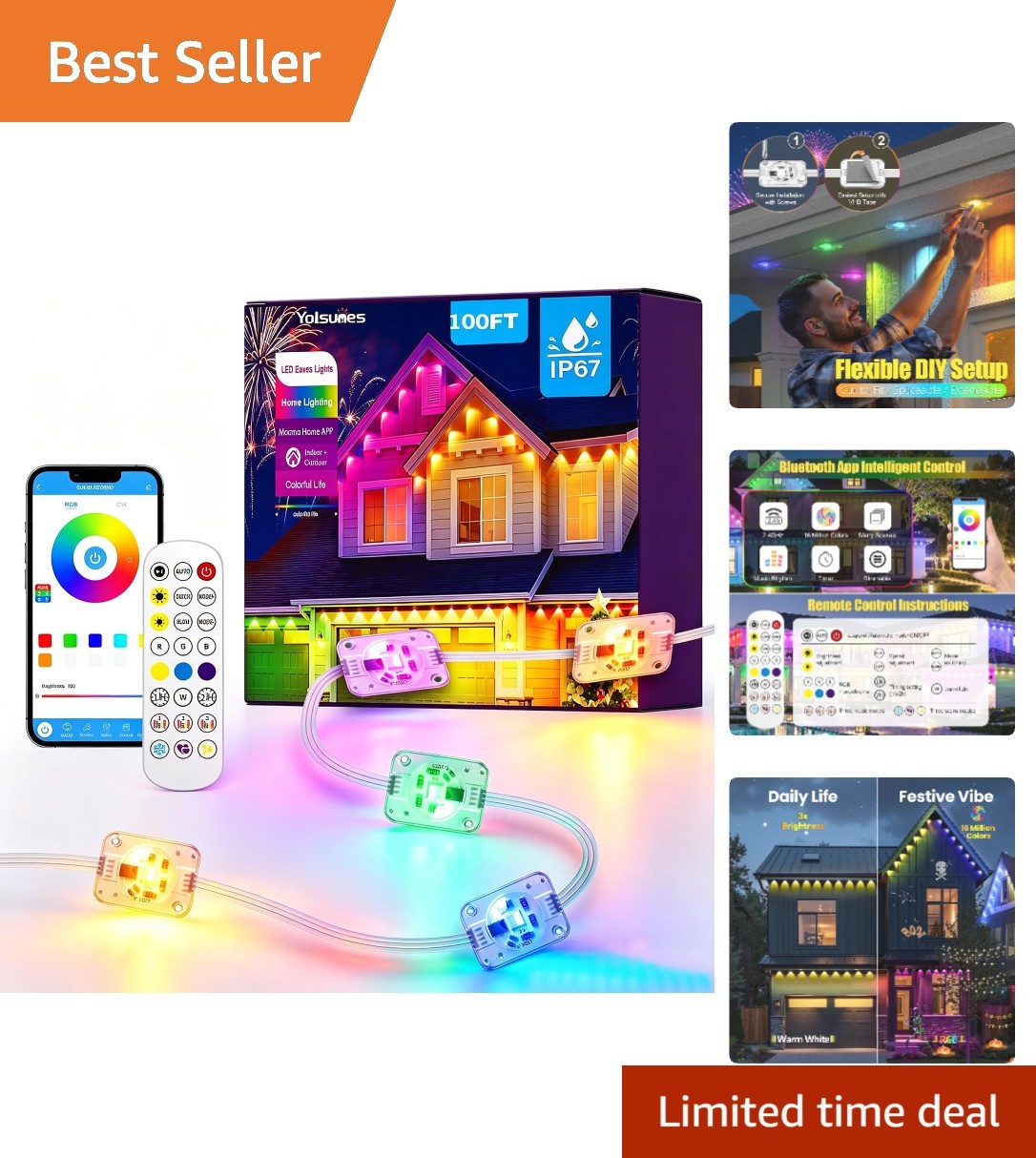 All-Weather 100ft RGB Outdoor String Lights - Waterproof, App & Voice Control