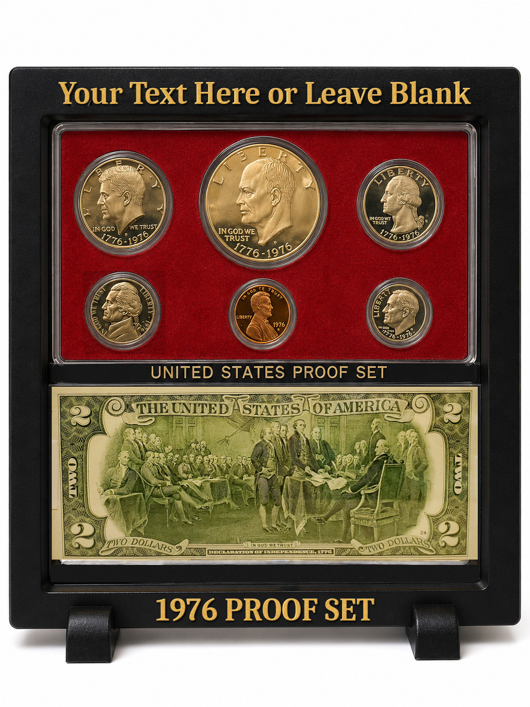 1976 Proof Set PLUS Crisp Uncirculated 2 Dollar Bill in PERSONALIZED GIFT Case