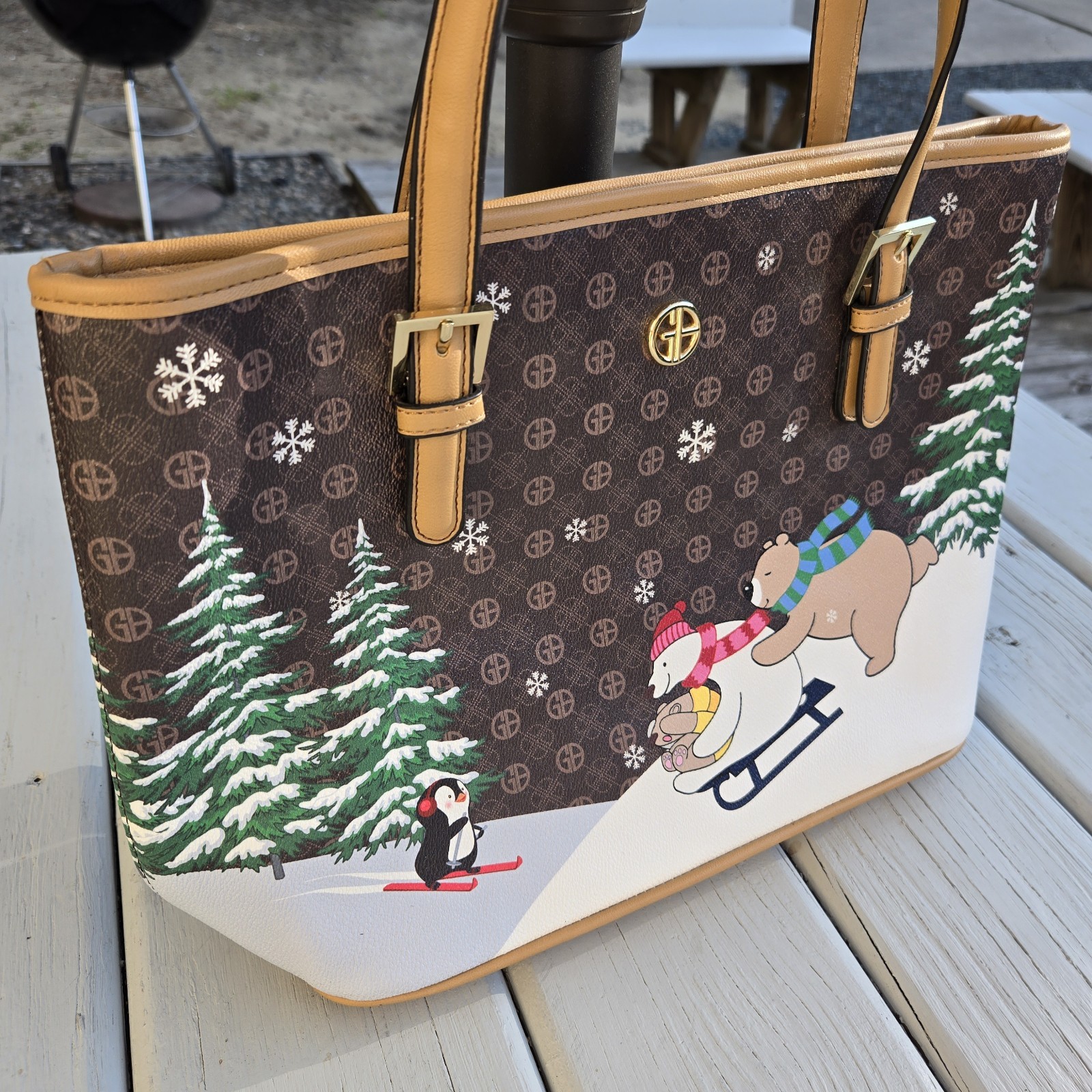 Giani Bernini Winter Holiday Bears Sledding Penguin Skiing Dogs Satchel Handbag
