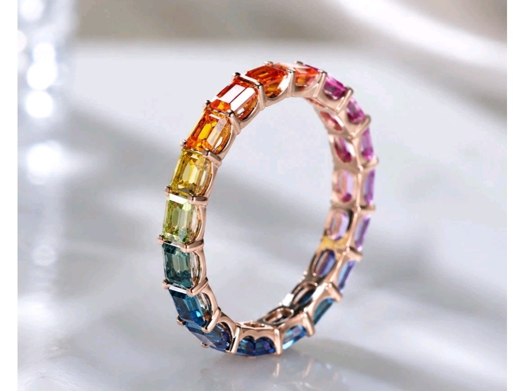 Natural stone Rainbow Sapphire Baguette Ring | Sapphire Silver Eternity Band