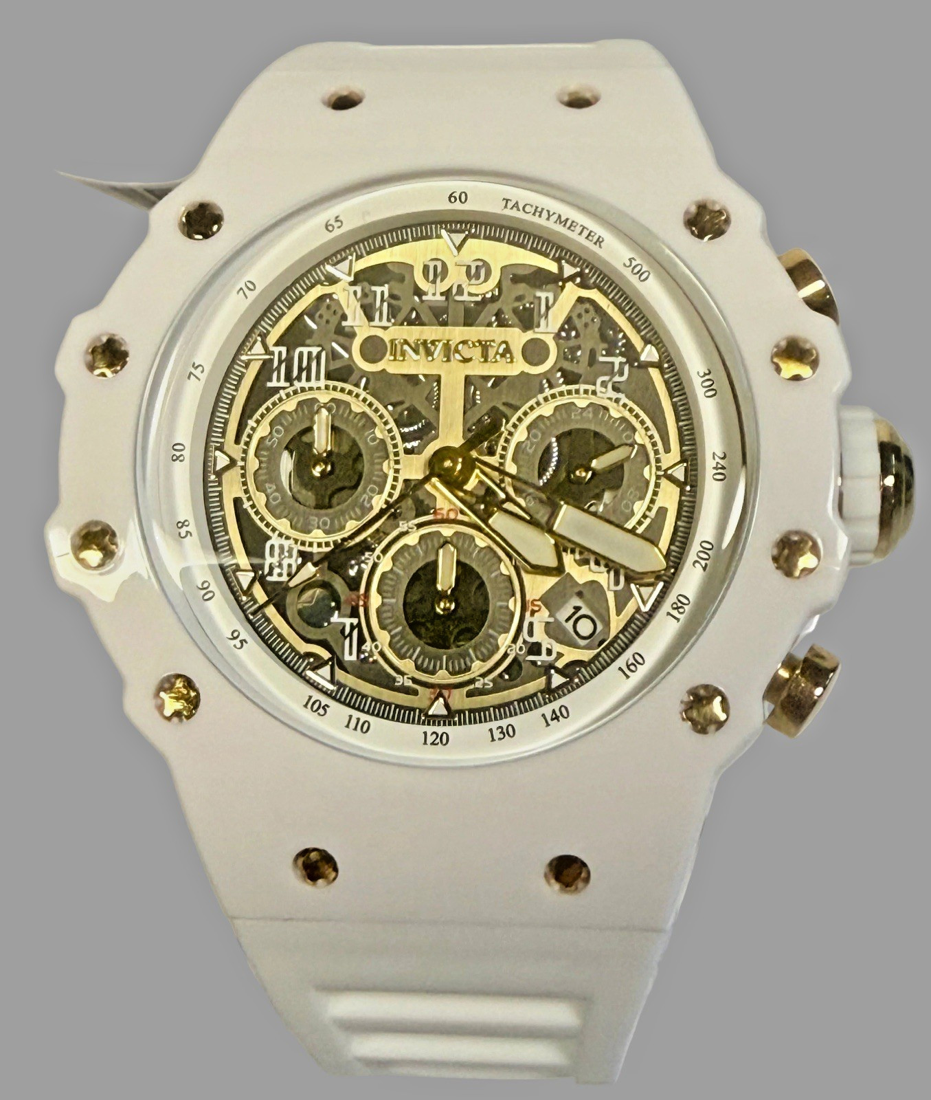 Invicta Men's Racing 43.5mm Quartz Watch IN-69649 Gold Dial White Silicone Strap