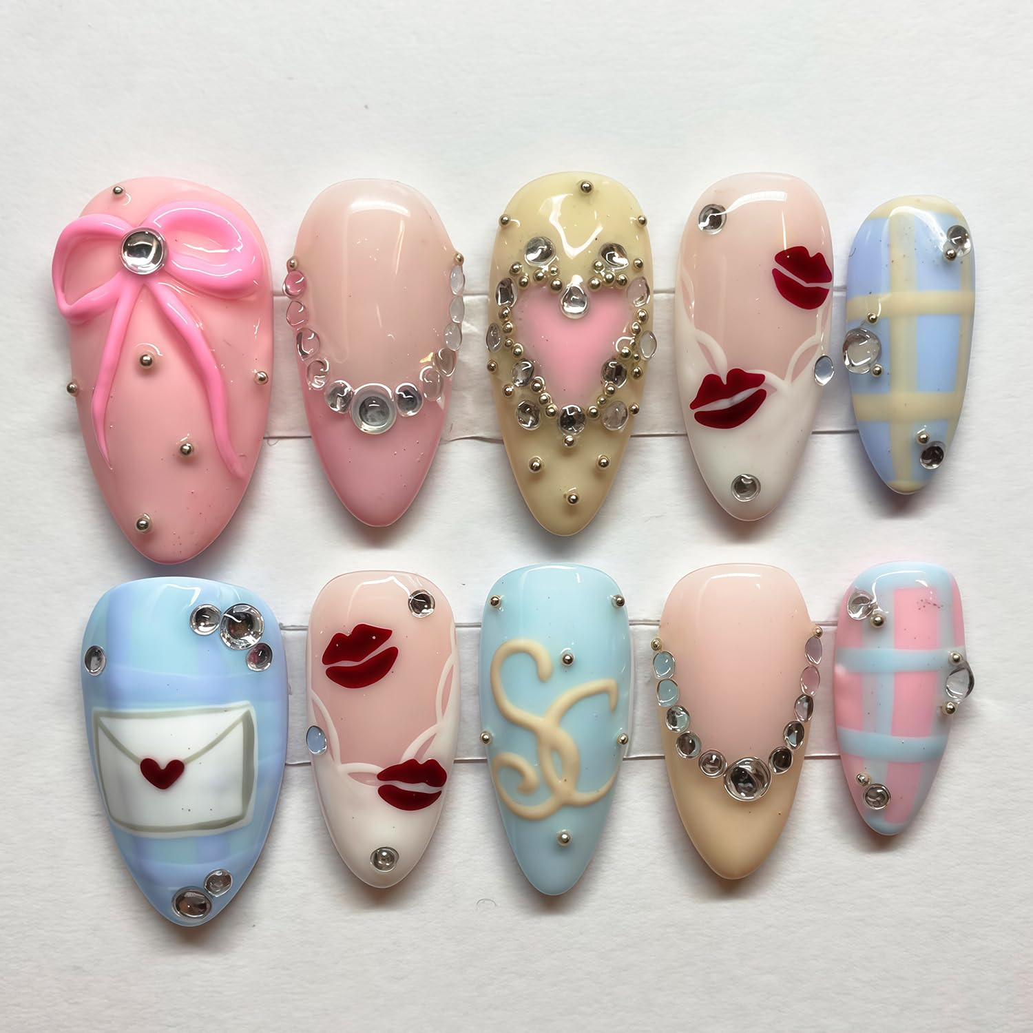 30Pcs Handmade Valentine Press on Nails Medium Almond Gem French Heart Gem-26