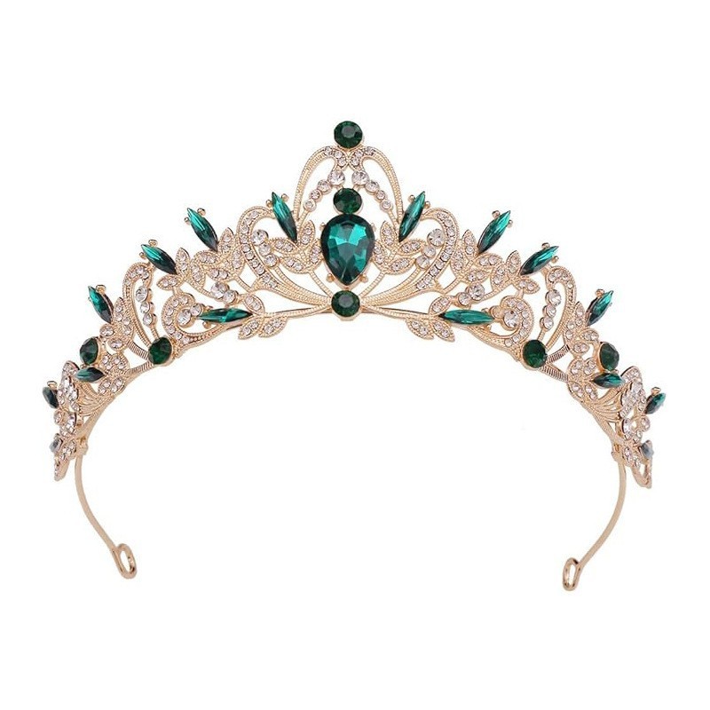 Gold & Green Crystal Tiara Crown Vintage Women Wedding Birthday Party Headpiece