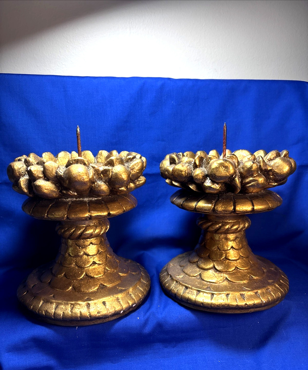Pair MCM Heavy Gold Pillar Candle Holders Hollywood Regency JARU California  948