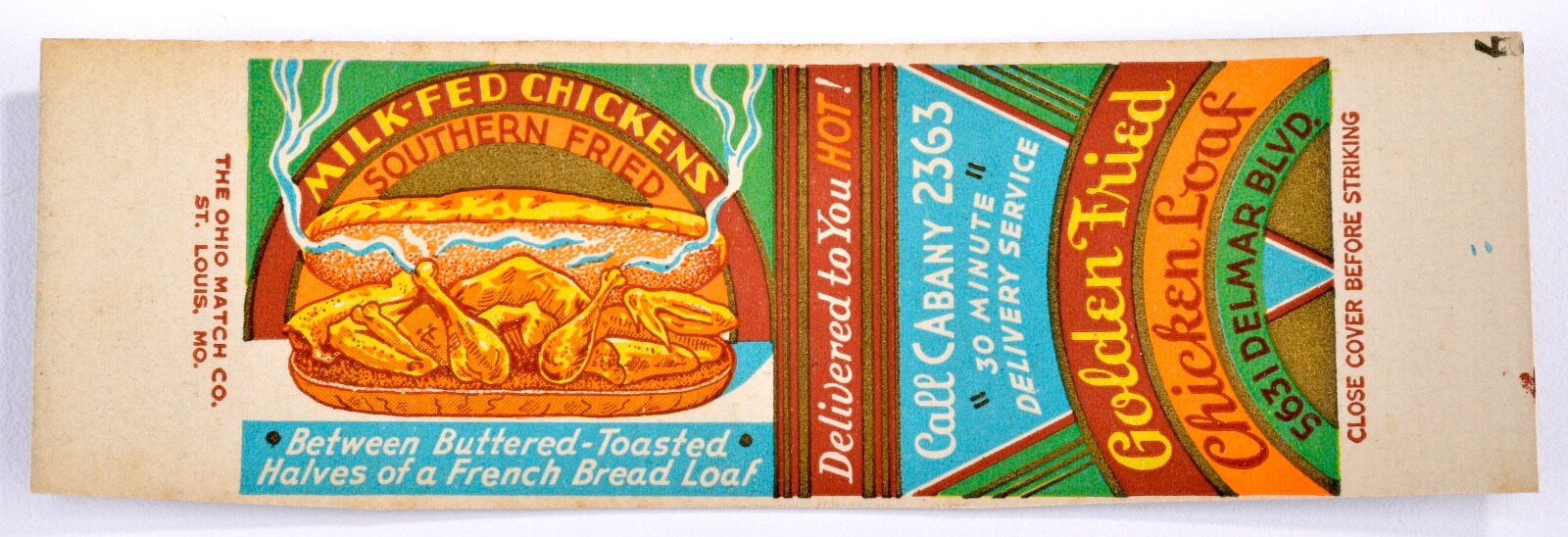 Vintage 1930's Matchbook Art Unbent - Golden Fried Chicken Loaf St Louis, MO #39 Vintage 1930's Matchbook Art Unbent - Golden Fried Chicken Loaf St Louis, MO #39