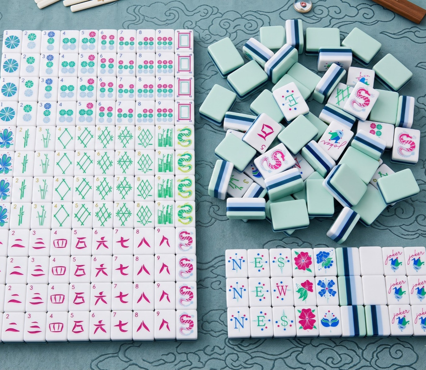 Pastel Mint Green Mahjong Set 160 Acrylic Tiles Floral Peacock Game Night Gift